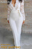 huibaolu Lace Plunge Long Sleeve Jumpsuit