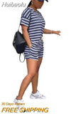 Huibaolu Women Set Striped Short Sleeve O-neck Loose T-shirts Pockets Shorts Two 2 Piece Sets Casual Tracksuit Outfit Summer 2023