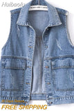 Huibaolu Size New Women Denim Vest Fashion Ripped Autumn Blue Jeans Jacket Sleeveless 2023 Spring Loose Short Coat Causal Waistcoats