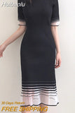 Huibaolu New Women Knitted Dress Bodycon French Evening Party Dresses Female Vintage Casual Prom Sexy Skinny Black Y2K Robe P615