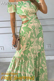 Huibaolu Printe Slash Neck Maxi Dresses For Women Summer 2023 Sexy Show Waist Backless High Waist A-line Beach Dresses A2357