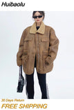 Huibaolu Imitation Lamb Fur Jacket for Women Elegant Lapel Thicken Warm Overcoat New Chic American Vintage Outwear