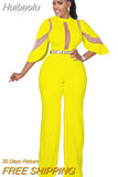 Huibaolu Elegant Women Mesh Patchwork Irregular Sleeve High Waist Straight Jumpsuit Party INS Overall Wide Leg Straight Playsuit