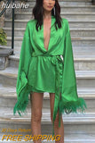 huibahe Deep V Neck Feather Mini Dress Sexy Long Sleeve Elegant Drawstring Green Party Dress Solid Casual Satin Vestidos Female