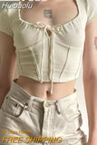 Huibaolu Sweet Casual Lace-up Corset Top Coquette Aesthetic Short Sleeve T-shirt Square Collar Cropped Tops Korean Cute Tees y2k