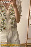 Huibaolu Knitted Women Blouses Chic V-neck Floral Embroidery Women Shirt Short Sleeve Vintage Blouse Cotton Linen Tops Blusa 20612