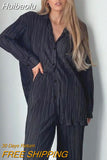 Huibaolu Pleated Solid Women Set Long Sleeve Shirts and Straight Wide Leg Pants Suits Tracksuit Two Piece Set Fitness Outfits