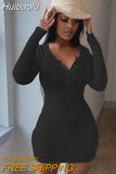 Huibaolu Autumn Sexy Solid Ribbed Bodycon Mini Dresses Club Outfit For Women 2023 Long Sleeve V Neck Party Short Dress Female