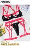 Huibaolu Female Lingerie Porn Sexy Costume Hollow Out Bandage Halter Bra Thongs With Belt Stocking Neon You Can See Underwear