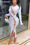 Huibaolu Sexy Party Clothes Dresses For Women 2023 Long Sleeve Bandage Dress Women Club Midi Hollow Out White Bodycon Dress Fall