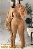 Huibaolu Ribbed Women Two 2 Piece Set Outfits Winter Fall Tassel Long Sleeve Sweaters and Tassel Pants Set Tracksuit Sweatsuit