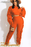 Huibaolu Ribbed Women Two 2 Piece Set Outfits Winter Fall Tassel Long Sleeve Sweaters and Tassel Pants Set Tracksuit Sweatsuit