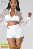 Huibaolu Fashion Women's Set Zipper Fly See Though Oganza Crop Top and Shorts Suit 2023 Street Two 2 Piece Set Outfit Tracksuit