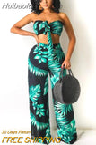 Huibaolu Women Sleeveless Leaf Print Tie Up Cut Out Waist Straight Jumpsuit Summer 2023 Beach One Piece Overall Romper Playsuits