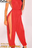 huibaolu Sleeveless Side Slit Halter Rompers Women Jumpsuits Solid Slim Party One Piece Overalls Clubwear