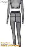 Huibaolu Autumn Sexy Mesh 2 Two Piece Sets Club Outfit Women 2023 Long Sleeve O Neck Crop Top And Pants Sets Female Matching Set