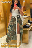 Huibaolu Streetwear Summer Maxi denim Skirts For Womens Camouflage Long jean Skirts High Waist Side Split Asymmetrical cargo Skirts