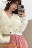 Huibaolu Cashmere Sweater V-neck Y2K E-girls Club Long Sleeved Tops Women Mohair Knitted Cardigans Vintage Loose Short Jacket N825