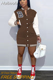 Huibaolu Women Fashion Patchwork Letter B Single Breasted Long Sleeve Baseball Midi Mini Dress Autumn Winter Sweatshirt Dresses