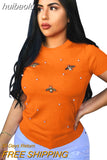 huibaolu Beaded Detail Short Sleeve T-Shirt Women Round Neck Casual Tshirt Ladies Butterfly Tee Tops