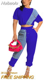 Huibaolu Workout Denim Patchwork Women Two 2 Piece Set Outfit Sweatsuit 2023 T-shirt and Jogger Pants Matching Set Tracksuit