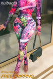 huibaolu Print Long Sleeve Bodysuit & Skinny Pants Set Women Sexy 2 Piece Set