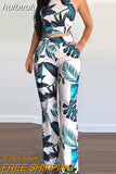 huibaolu Printed Crop Tops &amp; Pockets High Waist Pants Set Women Summer Two Piece Set