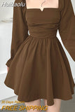 Huibaolu Elegant Chiffon Corset Dress Brown Flare Long Sleeve Mini Dresses Vacation Short Party Dress Ruffles Slash Neck Outfit