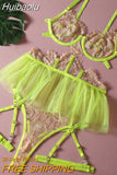 Huibaolu Ruffle Sexy Lingerie Lace Patchwork Fancy Underwear Neon Green Sensual Bra And Panty Set Transparent Luxury Intimate