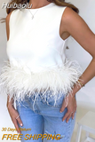 Huibaolu 2023 Satin Sleeveless Crop Top Feathers Women Black Off Shoulder Summer White Cami Y2K Sexy Tank Tops Club Party