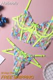 Huibaolu Luxury Lingerie Sexy Floral Embroidery Set Woman 2 Pieces Underwire Bra Thongs Exotic Intimate Neon Green Underwear