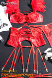 Huibaolu Feather Lingerie Sexy Lace Up Underwear 5-Piece Floral Lace See Through Intimate Bra And Panty Hot Sexy Fancy Outfits