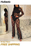 Huibaolu Sexy O-neck Knitted Women Bodysuit Black Lace See-through Tight Slim Party Nightclub Bodysuits Women Jumpsuit