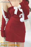 Huibaolu Kawaii Knitted Dress with Hairball Lace Up Cardigan Two Piece Set Women Christmas Party Evening Night Bodycon Dresses