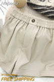 Huibaolu Black Coffee High Waist PU Leather Shorts Women Autumn Winter New Casual Pocket Shorts Female Pantalones Cortos De Moda