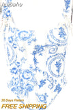 huibahe Bodycon Low Chest Bandage Women Tops Blue Spaghetti Strap Short Print Tops Women French Style Spring Fashion Streetwear
