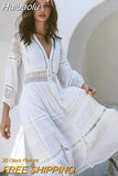 Huibaolu Sexy Hollow Out White Summer Dress Beach Tunic Women Beachwear Long Sleeve Front Open Self Belted Maxi Dresses Q964