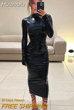 Huibaolu Black Midi Bodycon Dress Sexy Women Turtleneck Long Sleeve Pu Leather Party Dresses Club Elegant 2023 Autumn Winter