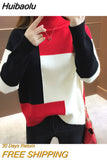 Huibaolu Knitted Sweater Women Red Patchwork Turtleneck Knitted Winter Jumper Korean Pullover Casual Clothes Warm Loose V644