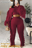 Huibaolu Ribbed Women Two 2 Piece Set Outfits Winter Fall Tassel Long Sleeve Sweaters and Tassel Pants Set Tracksuit Sweatsuit