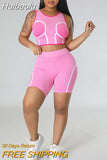 Huibaolu Summer Pink Bodycon 2 Two Piece Sets Clothes Outfit For Women 2023 New In Matching Graphic Print Crop Top Short Sets