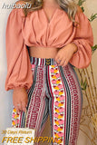 huibaolu Shoulder Ruched Crop Tops &amp; Tribal Print Pants Set Women Two Piece Set Outfits