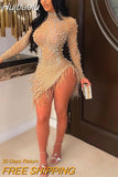 Huibaolu Women Diamonds Hot Rhinestones Fur Hem Asymmetrical Long Sleeve Midi Dress Sexy Party Clubwear Night Bodycon Dresses