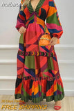 huibaolu Print Lantern Sleeve Maxi Dress Women Buttoned V Neck Daily Casual Long Dress