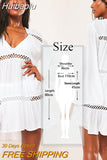 Huibaolu Casual Loose Summer Beach Dress White Cotton Tunic Plus Size Women Beachwear Sexy Hollow Out Mini Party Dress Vestidos Q429