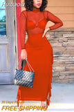 Huibaolu Women Tassel Side Splicing Bodycon Midi Maxi Dress Sexy See Though Mesh Long Sleeve Tee Tops and Skirt Suit Matching Set