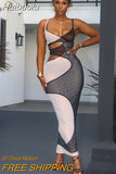 Huibaolu Women Mesh Patchwork Sexy Party Clubwear Bodycon Midi Maxi Dress 2023 Cut Out Waist Spaghetti Strap Pencil Prom Dresses