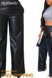 Huibaolu Women Faux Leather Straight High Waist PU Pants INS Elegant Autumn Winter Solid Wide Leg Black Trousers