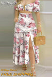 huibaolu Print O-Ring Crop Tops & Frill Hem Shirred Slit Maxi Skirt Set Women Two Piece Set