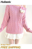 Huibaolu Aesthetic Furball Bow Lace Up Pink Sweater Kawaii Loose Twist Knitted Pullover Lolita Japanese Style Jumper Fairycore